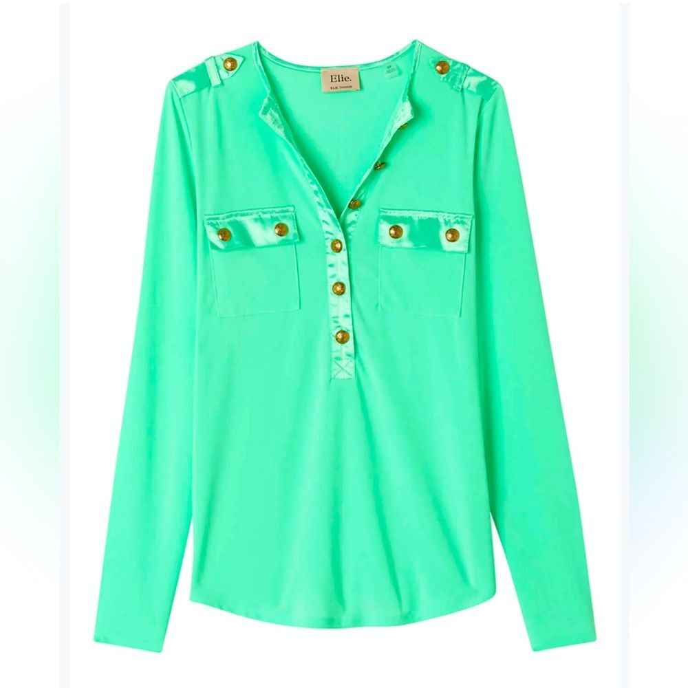 Elie Tahari Women Shirt Green XS Long Sleeve Stretch Satin TrimInterlock Yarn